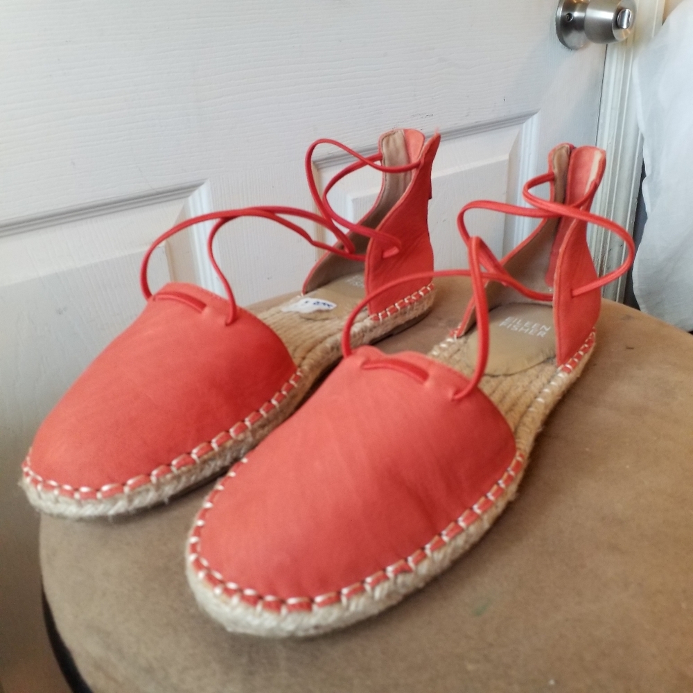 Eileen Fisher Lace Espadrille Wrap tangelo Nubuck Sandals Size 7.5 NWT